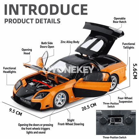 Mazda RX-7 1:24 metal model awtoulag — sesli, ýagtylykly