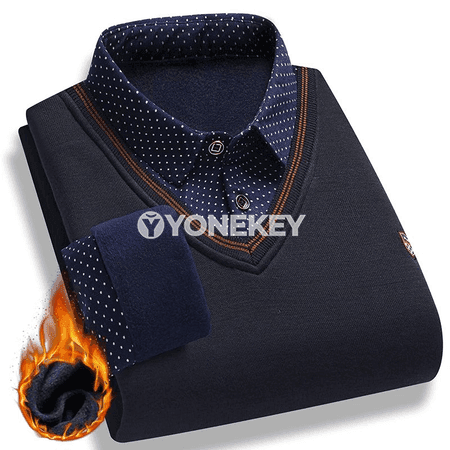 Erkekler üçin ýyly fleece pulower, ýalan iki bölek köýnek görnüşli