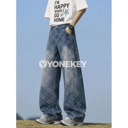 Erkekleriň giň kesimli ýokary belli baggy denim jalbarlary