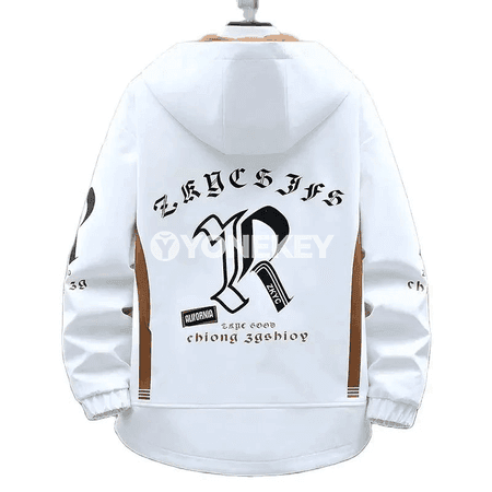 Erkekler üçin kapýuşonly ýeňil jacket — güýz ýaz, nagyşly, ululykly