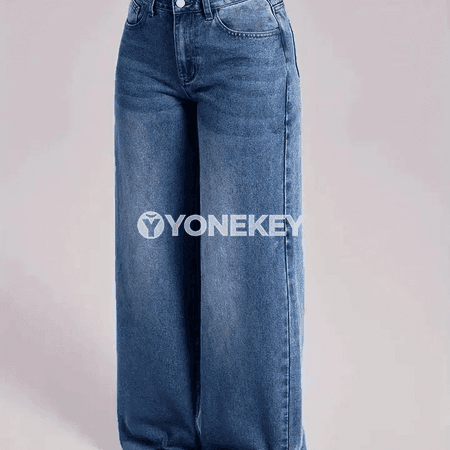 Zenanlar üçin giň balakly vintage jeans, ýokary belli, gündelik stil