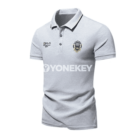 Erkekler üçin ýeňil ýeňli nagyşly polo futbolka, tomsuň üçin