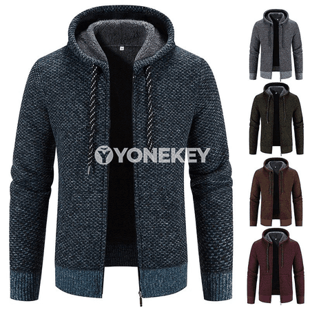 Erkekler üçin kapüşonly ýyly trikotaž kurtka, gündelik stil