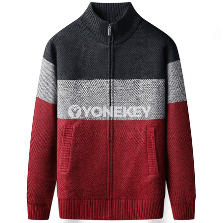 Erkekler üçin gyş ýyly fleece kardigan, zipli, dik boýunly