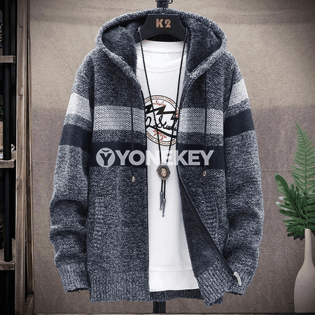 Erkekler üçin zolakly ziperli trikotaj kardigan switer, ýyly