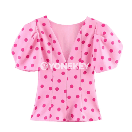 Aýal-gyzlar üçin polka-dot nagyşly ýeňil tomus tops
