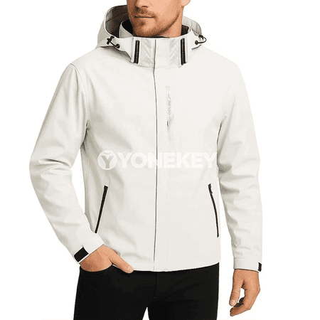 Suw geçirmeýän ýeňil erkek plýaşka jaket, kapýuşonly