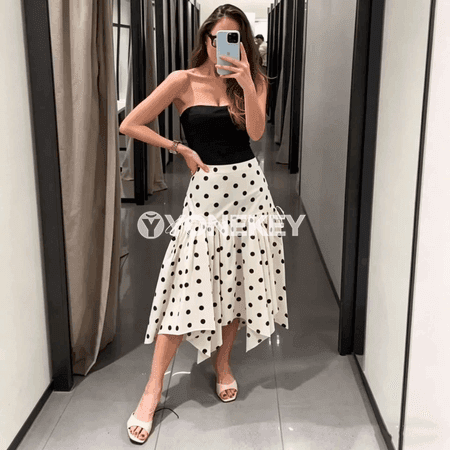 Zenanlar üçin ak-gara nokatly midi ýubka, moda, A-line