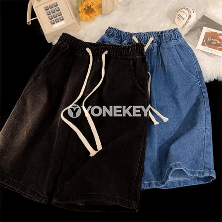 Erkekler üçin giň kesimli denim şortikleri, 2025 vintage stil