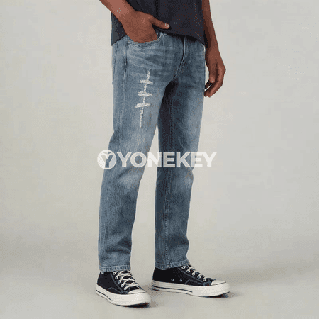 Erkekler üçin ýokary belli giň kesimli rahat jeans jalbar