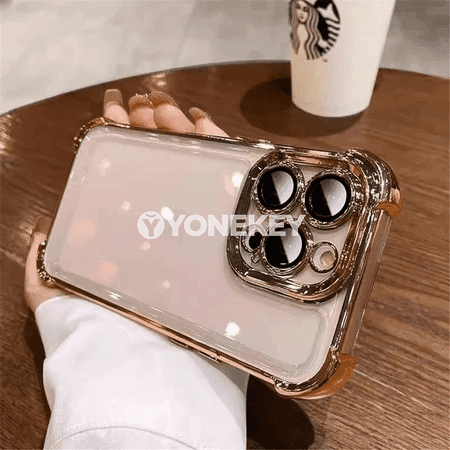 iPhone 11–16 üçin transparent shockproof gapak, metal bezegli