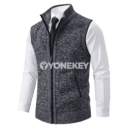 Erkekler üçin örülen ýeňsiz ýyly köýnekçe, fermuarly, goýy boýunly