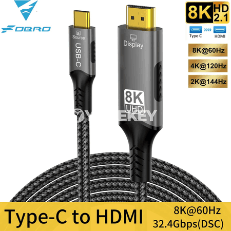 8K Type-C–HDMI 2.1 kabeli, 32.4Gbps, 8K/60Hz, 4K/120Hz