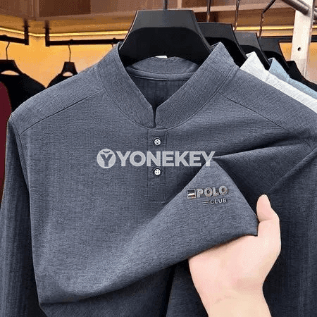 Erkekler üçin mandarin boýunly uzyn ýeňli polo köýnek, iş we gündelik stil