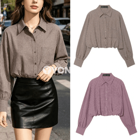 Zenanlar üçin kädeli ýeňli plaid bluzka, ýeňil we sypaýy stil