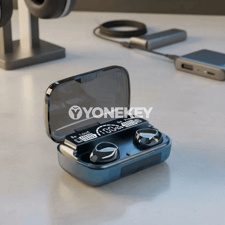 M10 TWS Bluetooth 5.3 nauşnikler, 3500mAh zarýad gaply, mikrofonly