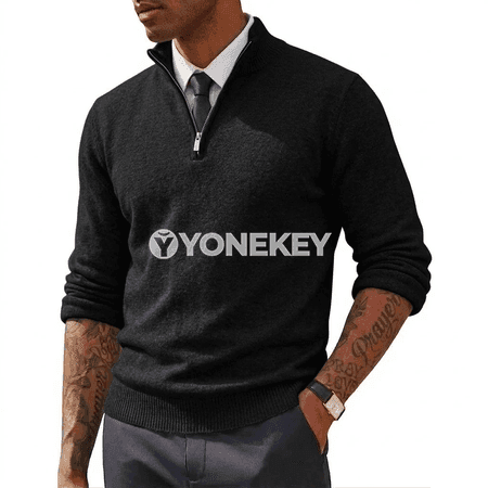 Erkekler üçin ýeňil zipperli polo switer, dar kesimli, gündelik stil