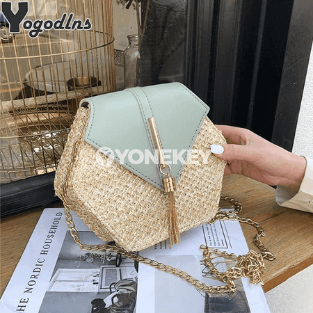 Aýallar üçin hexagon boho otly sumka, elde dokalan tomus modeli