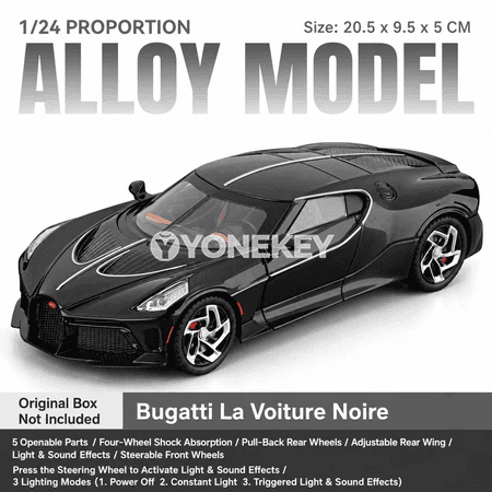 Bugatti La Voiture Noire 1:24 sesli-ýagty metal oýun awtoulagy