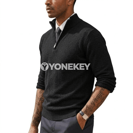 Erkekler üçin ýeňil zipperli polo switer, dar kesimli, gündelik stil