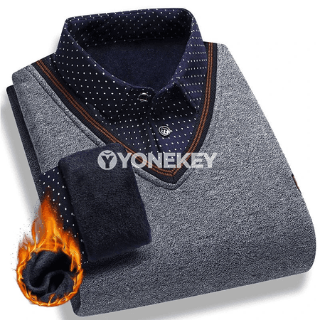 Erkekler üçin ýyly fleece pulower, ýalan iki bölek köýnek görnüşli