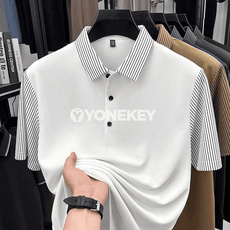 Erkekler üçin zolakly ýeňli polo futbolka, ýeňil we dem alýan