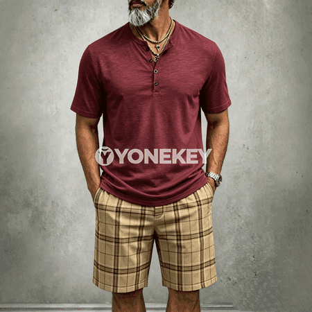 Erkekler üçin ýazky Henley polosy, bir reňkli, gysga ýeňli
