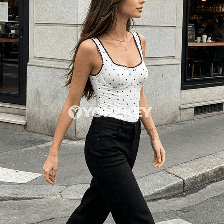 Zenanlar üçin ýazky ýeňsiz polka nokatly bodi, ýönekeý stil
