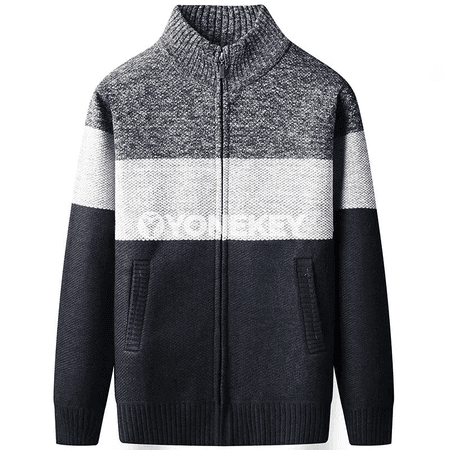 Erkekler üçin gyş ýyly fleece kardigan, zipli, dik boýunly
