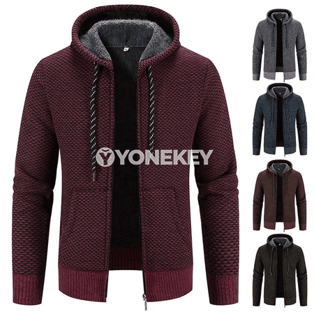 Erkekler üçin kapüşonly ýyly trikotaž kurtka, gündelik stil