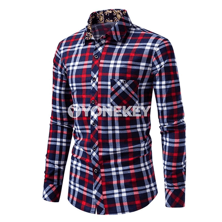 Erkekler üçin ýazlyk plaid köýnek, uzyn ýeňli, düwme, rahat stil