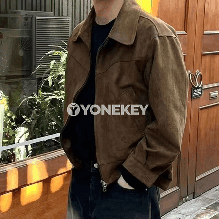 Erkekler üçin retro süet bomber kurtka, güýz ýaz üçin