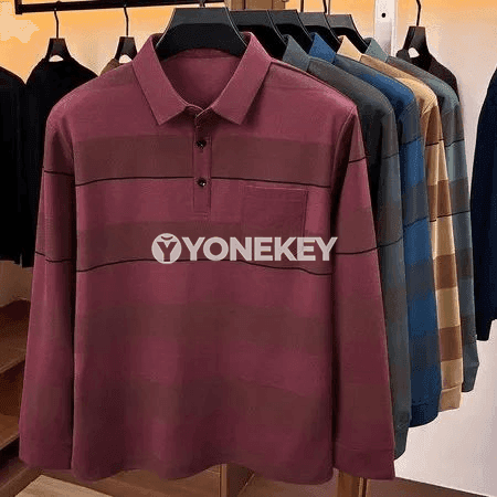 Erkekler üçin uzyn ýeňli zolakly polo köýnek, işewür gündelik stil