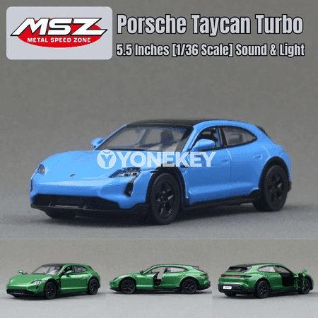 Porsche Taycan Turbo S 1:36 metal awtoulag modeli, sesli we ýagtyly