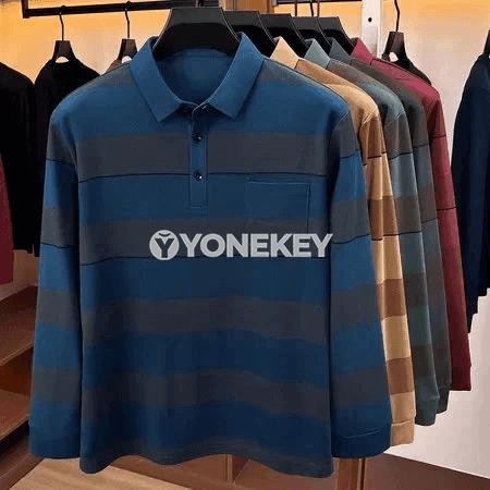 Erkekler üçin zolakly uzyn ýeňli polo kofta, döş jübüli