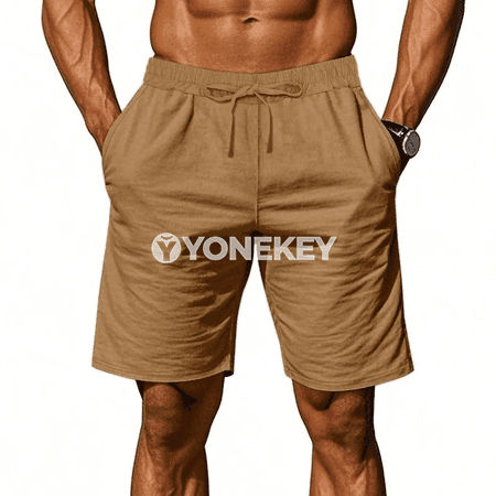 Erkekler üçin ýeňil tomus şorty, pambyk-lyýnli sport modeli