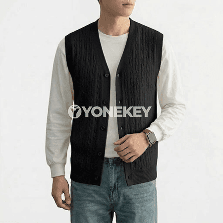Erkekler üçin güýz tricot ýeňsiz düwmejikli switer-jemper