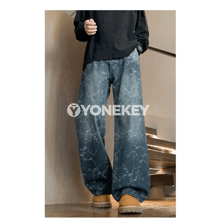Erkekler üçin retro giň jeans, düz nogry kesimli, rahat stil