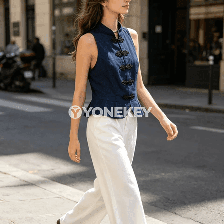 Zenanlar üçin ýazky ýeňsiz düwmejikli moda bluzka