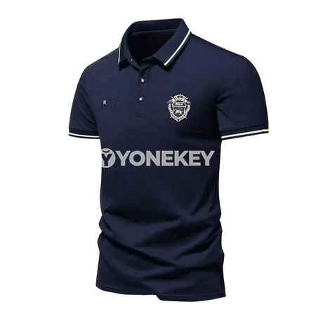 Erkekler üçin ýeňil ýeňli nagyşly polo futbolka, tomsuň üçin