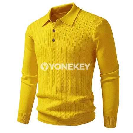 Erkekler üçin polo switer — V boýun, uzyn ýeň, sypaýy gündelik stil