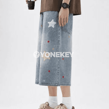 Erkekler üçin giň kesim denim üçin şortik, ýaz-tomus gündelik stil