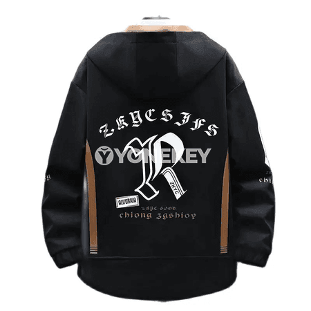Erkekler üçin kapýuşonly ýeňil jacket — güýz ýaz, nagyşly, ululykly