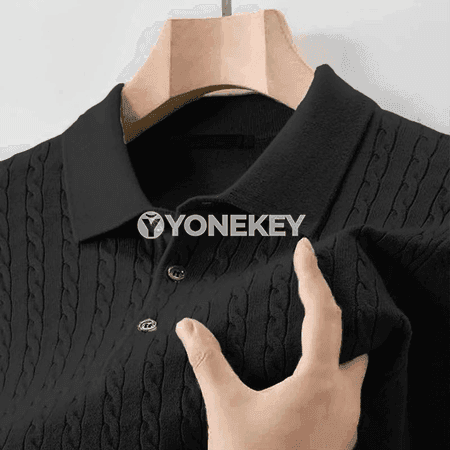 Erkekler üçin güýzlük polo switer, V boýun, düwmejikli