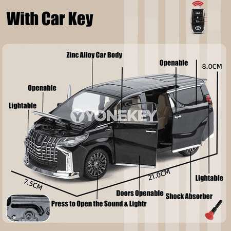 TOYOTA Alphard 1:24 metal model awtoulag, sesli‑yşykly, gapy açylýan
