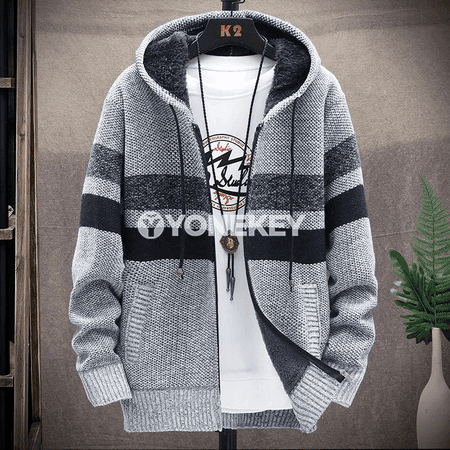 Erkekler üçin zolakly ziperli trikotaj kardigan switer, ýyly
