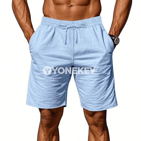 Erkekler üçin ýeňil tomus şorty, pambyk-lyýnli sport modeli