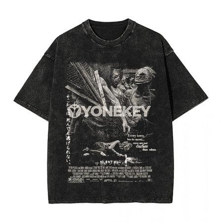 Washed Horror Silent Hill uniseks grafiki futbolka, rahat stil