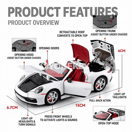 Porsche 911 Targa 4S 1:32 metal awtoulag modeli, sesli we yşykly