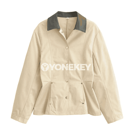 Aýal-gyzlar üçin uzyn ýeňli, iki reňkli ýakaly ýeňil jaket